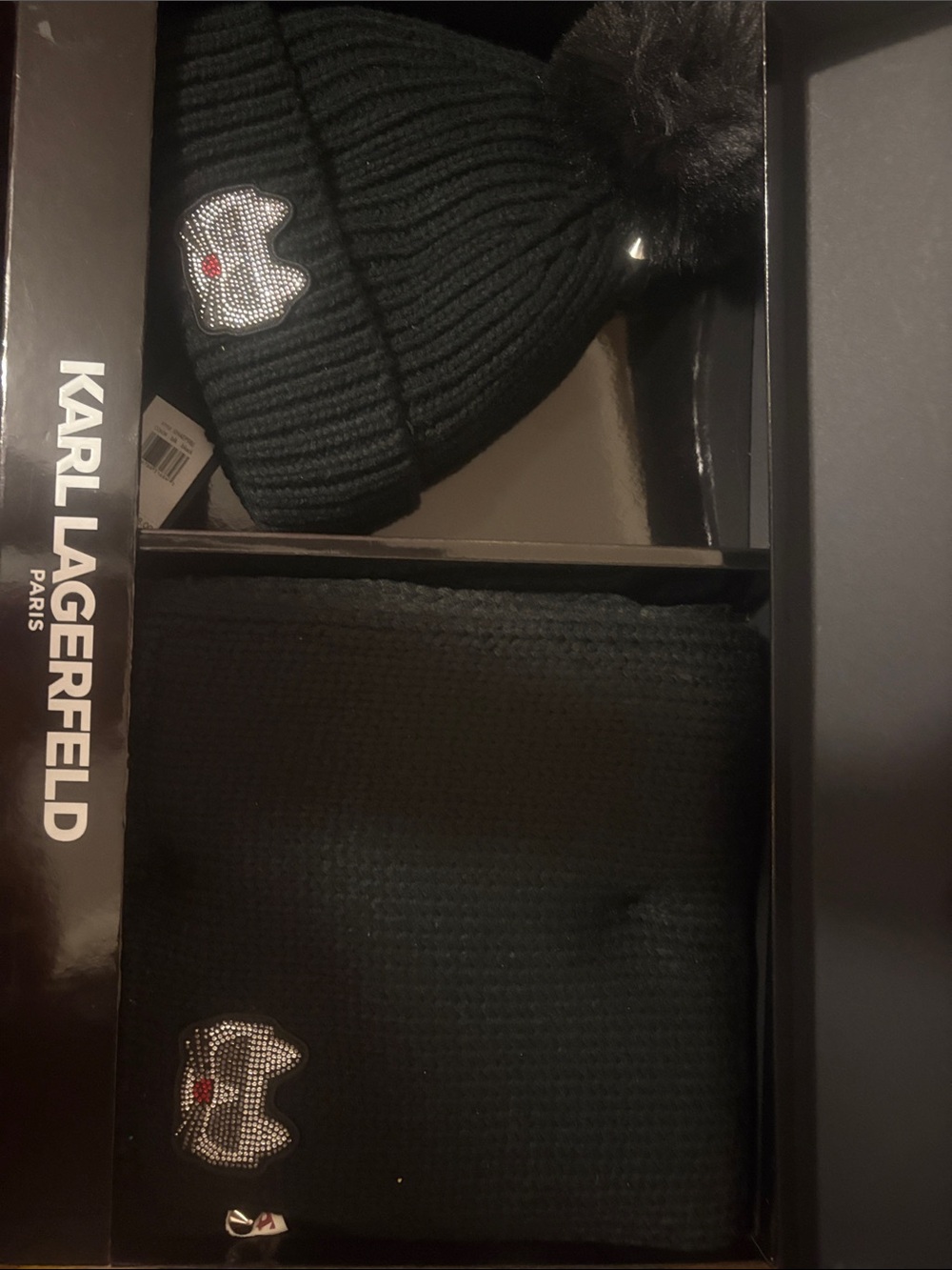 Karl Lagerfeld Black Knit Beanie and Scarf Set with Crystal Cat Patch